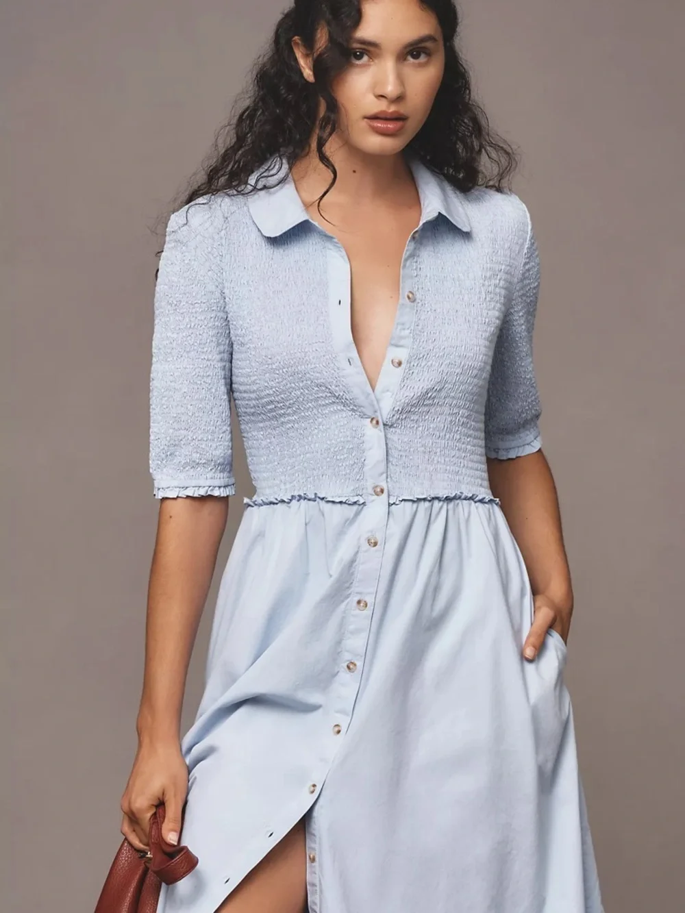 Maeve Light Blue smocked Bodice Midi Dress - Picture 2 of 5